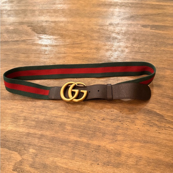 GUCCI Web Belt Red Green Stripe Gold GG Buckle 34/38 - Picture 1 of 14